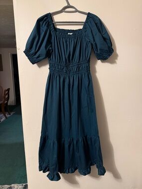 Smocked Waist Teal Midi Dress with Puff Sleeves